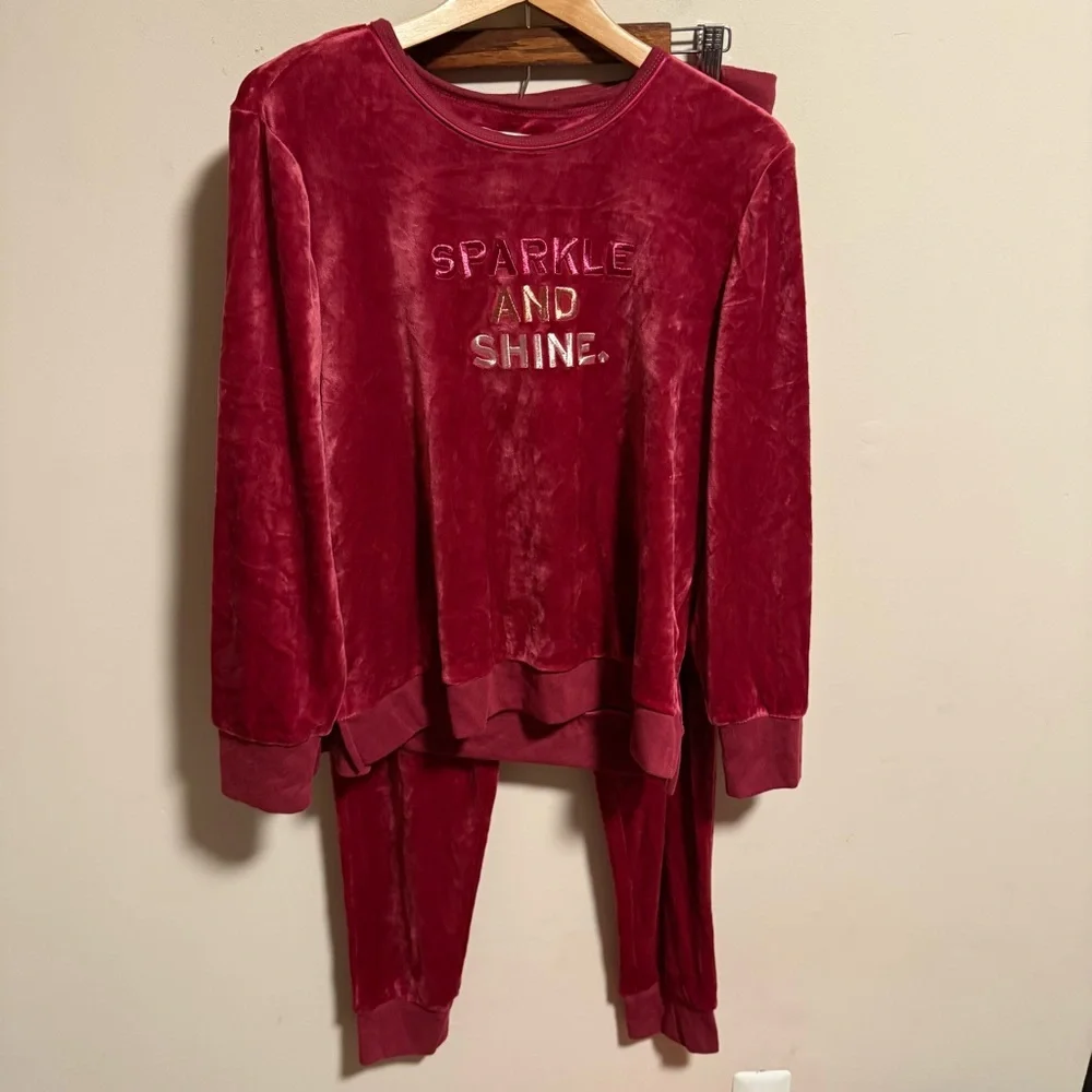 Kate Spade Velour “Sparkle & Shine” Pajama Jogger Set Pink Burgundy- Size XL